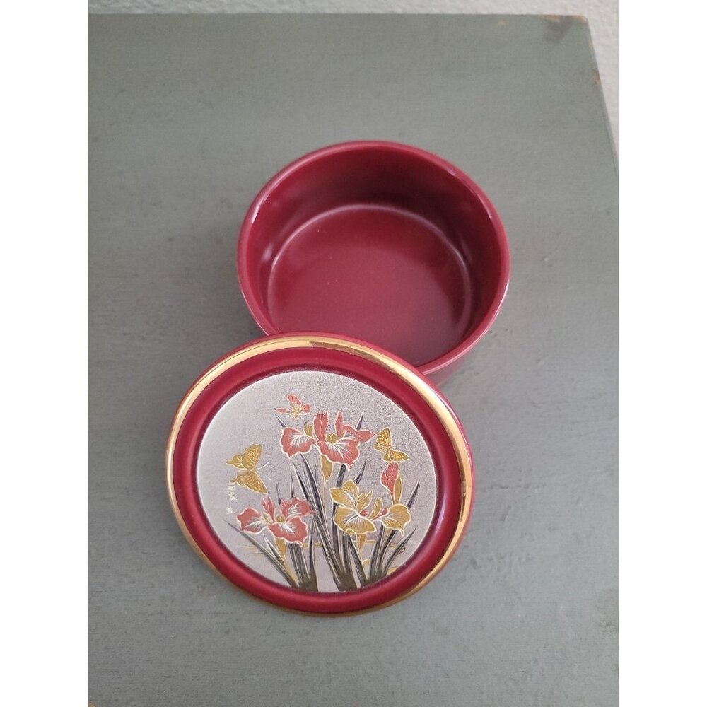 The Art Of Chokin 24K Gold Trim Trinket Box Butterfly Flowers Japan